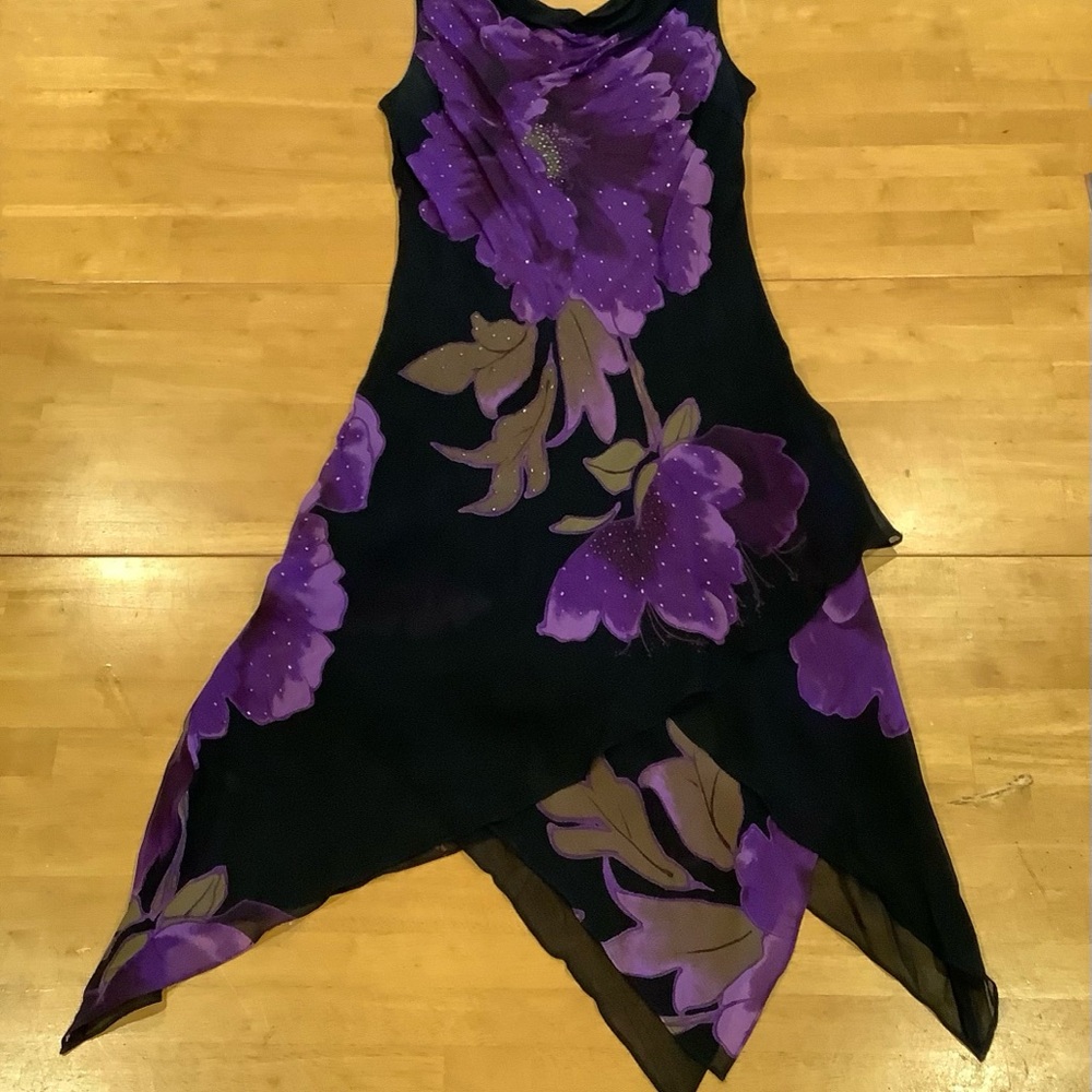 Vtg Black Purple Floral Midi Dress Size 14 Handkerchief Hem Fairy Whimsygoth - Picture 2 of 16